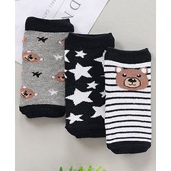 Cute Walk by Babyhug Ankle Length Antibacterial Socks Bear Stripe And Star Design Pack Of 3 - Black White Brown