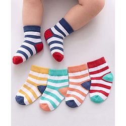 Cutewalk by Babyhug Anti-bacterial Ankle Length Terry Socks Pack of 5 Striped - Yellow Blue Orange Navy Red