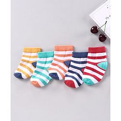 Cutewalk by Babyhug Anti-bacterial Ankle Length Terry Socks Pack of 5 Striped - Yellow Blue Orange Navy Red