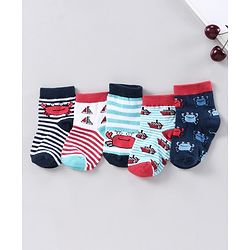 Cutewalk by Babyhug Anti-bacterial Ankle Length Terry Socks Pack of 5 Crab Design - Blue Navy White
