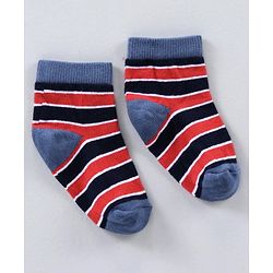 Cute Walk by Babyhug Ankle Length Antibacterial Cotton Socks Stripe Design Pack Of 5 - Blue Grey Red Orange
