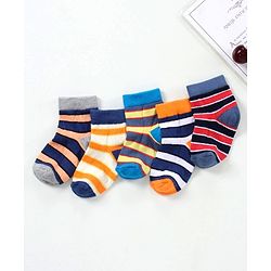 Cute Walk by Babyhug Ankle Length Antibacterial Cotton Socks Stripe Design Pack Of 5 - Blue Grey Red Orange