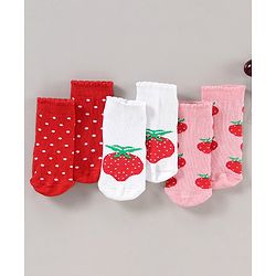 Cute Walk by Babyhug Cotton Blend Ankle Length Anti Bacterial Socks Strawberry Design Pack of 3 - Red Pink