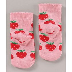 Cute Walk by Babyhug Cotton Blend Ankle Length Anti Bacterial Socks Strawberry Design Pack of 3 - Red Pink