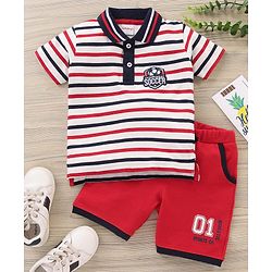 Babyhug Cotton Half Sleeves Tee & Shorts Set Stripes - White Red