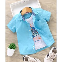 Babyhug Cotton Woven Half Sleeves Shirt Solid With Printed Inner Tee - Blue