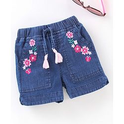 Babyhug Mid Thigh Denim Shorts Floral Embroidery - Blue