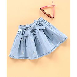 Babyhug Mid Thigh Denim Skirt with Lace Belt & Floral Embroidery - Blue