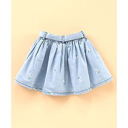 Babyhug Mid Thigh Denim Skirt with Lace Belt & Floral Embroidery - Blue