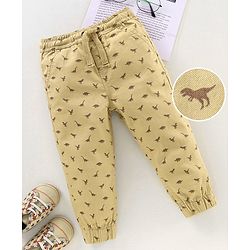 Babyhug Cotton Lycra Full Length Dino Printed Jogger Pant - Light Beige