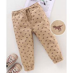 Babyhug Cotton Lycra Full Length Dino Printed Jogger Pant - Light Beige