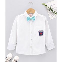 Babyhug Full Sleeves Party Wear Shirt With Bow Space Text Patch - White