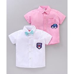 Babyhug Half Sleeves Cotton Shirt Car & Space Patch Pack of 2 - Pink White