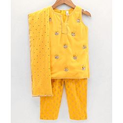 Babyhug Sleeveless Embroidered Kurti Churidar Set with Dupatta - Yellow