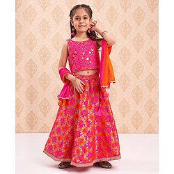 Babyhug Sleeveless Choli & Lehenga With Dupatta Floral Work - Pink