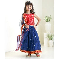 Babyhug Sleeveless Embroidered Choli Lehenga and Dupatta Set with Sequins - Red Navy