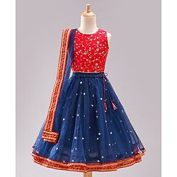 Babyhug Sleeveless Embroidered Choli Lehenga and Dupatta Set with Sequins - Red Navy