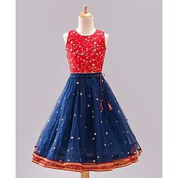 Babyhug Sleeveless Embroidered Choli Lehenga and Dupatta Set with Sequins - Red Navy