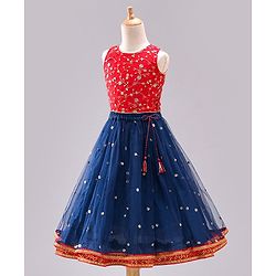 Babyhug Sleeveless Embroidered Choli Lehenga and Dupatta Set with Sequins - Red Navy