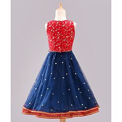 Babyhug Sleeveless Embroidered Choli Lehenga and Dupatta Set with Sequins - Red Navy