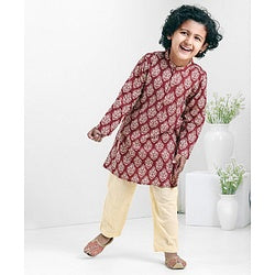 Babyhug Full Sleeves Woven Cotton All Over Printed Kurta and Dhoti Set - Maroon Beige