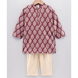 Babyhug Full Sleeves Woven Cotton All Over Printed Kurta and Dhoti Set - Maroon Beige