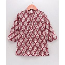 Babyhug Full Sleeves Woven Cotton All Over Printed Kurta and Dhoti Set - Maroon Beige