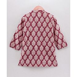 Babyhug Full Sleeves Woven Cotton All Over Printed Kurta and Dhoti Set - Maroon Beige