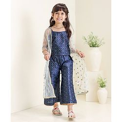 Babyhug Singlet Sleeves Top and Pant Set with Jacket Embroidery - Navy Blue