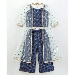 Babyhug Singlet Sleeves Top and Pant Set with Jacket Embroidery - Navy Blue