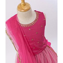 Babyhug Sequined Sleeveless Choli and Lehenga Set with Lace Border Dupatta - Fuschia