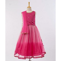 Babyhug Sequined Sleeveless Choli and Lehenga Set with Lace Border Dupatta - Fuschia