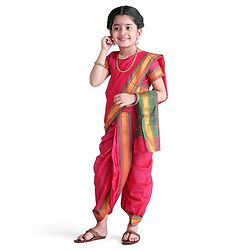 Babyhug Half Sleeves Blouse And Zari Bordered Nauvari Saree - Pink