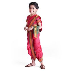 Babyhug Half Sleeves Blouse And Zari Bordered Nauvari Saree - Pink