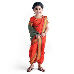 Babyhug Half Sleeves Blouse And Zari Bordered Nauvari Saree - Orange