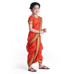 Babyhug Half Sleeves Blouse And Zari Bordered Nauvari Saree - Orange