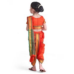 Babyhug Half Sleeves Blouse And Zari Bordered Nauvari Saree - Orange