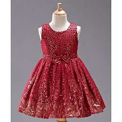 Babyhug Sleeveless Sequined Party Frock with Bow - Red