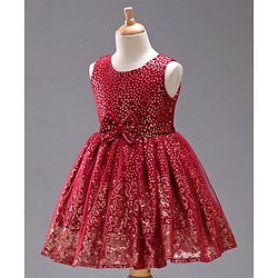 Babyhug Sleeveless Sequined Party Frock with Bow - Red
