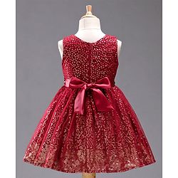 Babyhug Sleeveless Sequined Party Frock with Bow - Red