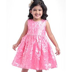 Babyhug Sleeveless 3D Flowers with Pearl and Bow Waist Belt - Pink