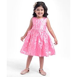 Babyhug Sleeveless 3D Flowers with Pearl and Bow Waist Belt - Pink