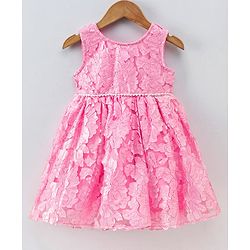 Babyhug Sleeveless 3D Flowers with Pearl and Bow Waist Belt - Pink