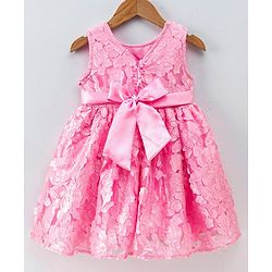 Babyhug Sleeveless 3D Flowers with Pearl and Bow Waist Belt - Pink