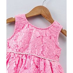 Babyhug Sleeveless 3D Flowers with Pearl and Bow Waist Belt - Pink