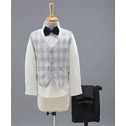 Babyhug Full Sleeves Checks Party Wear Suit with Waistcoat & Bow - Grey Dark Brown