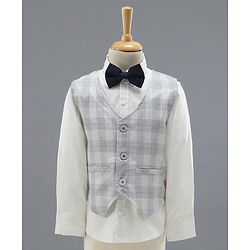 Babyhug Full Sleeves Checks Party Wear Suit with Waistcoat & Bow - Grey Dark Brown