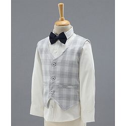 Babyhug Full Sleeves Checks Party Wear Suit with Waistcoat & Bow - Grey Dark Brown