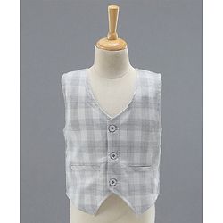 Babyhug Full Sleeves Checks Party Wear Suit with Waistcoat & Bow - Grey Dark Brown
