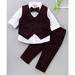 Babyhug 3 Piece Full Sleeves Party Suit With Bow - Maroon White